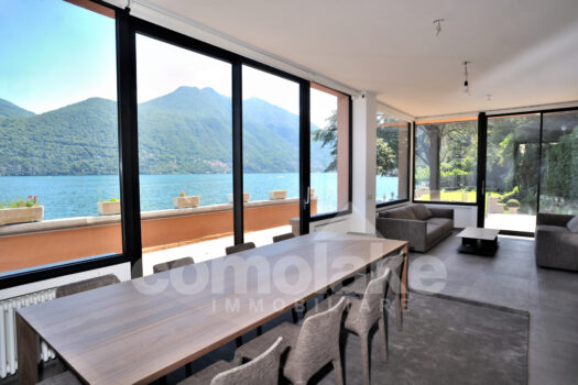 Modern lakefront villa with a large garden