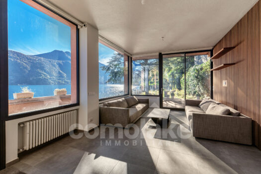 Modern lakefront villa with a large garden