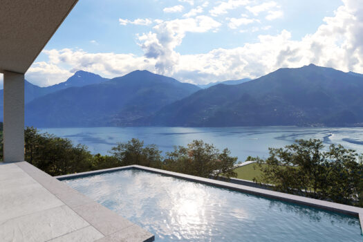 Villetta moderna con piscina e vista lago